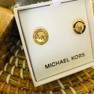 Michael Kors Gold-Tone MK Logo Round Stud Earrings Crystal Accent NWT